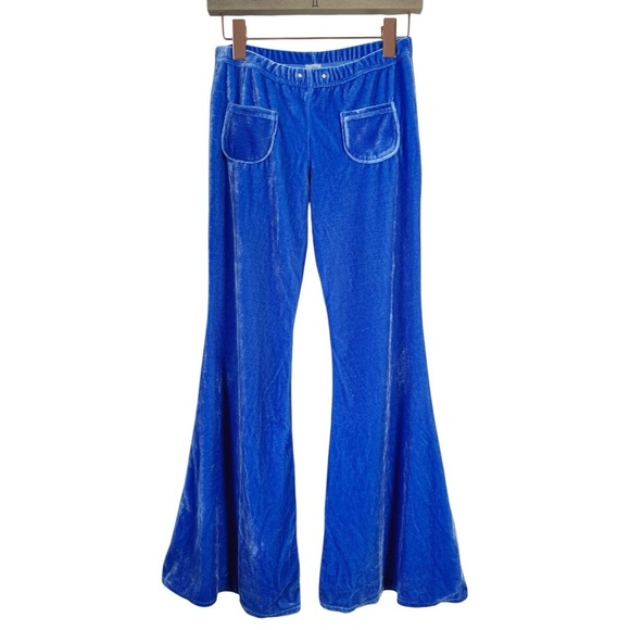 Y2K Groovy Blue Velvet Bell Bottoms - Picture 2 of 7